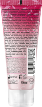 Tył różowej tubki kremu do rąk Biotanique Soft Balance z kolagenem, 75ml, widoczne opisy i kod kreskowy.