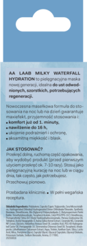 Tylna etykieta maski do ust AA Laab Milky Waterfall Hydration na błękitnym tle, z opisem działania i składnikami.