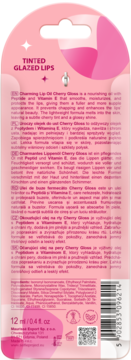 Tył różowego opakowania olejku Charming Lip Oil, opis 'Tinted Glazed Lips', peptydy, wit. E, kod QR.