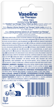 Tył białego opakowania balsamu do ust Vaseline Lip Therapy Rosy Lips, z tekstem, kodem EAN i logo Unilever.