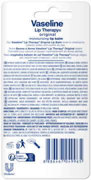 Tył białego opakowania Vaseline Lip Therapy Original nawilżający balsam do ust, multilangualny tekst, kod kreskowy.