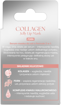 Tył szarego opakowania maseczki COLLAGEN Jelly Lip Mask PDRN, z listą składników: kolagen, PDRN i kwas hialuronowy.