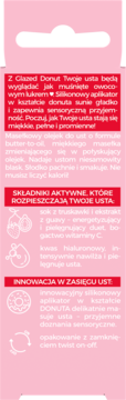 Różowa etykieta z opisem olejku do ust Glazed Donut, aplikator donut, składniki aktywne.