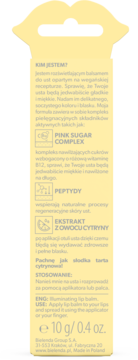 Żółty balsam do ust Bielenda Illuminating z Pink Sugar i cytryną, tył opakowania 10g, opis składu.