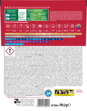 Tył czerwonego opakowania kapsułek Somat Excellence Premium 5w1 do zmywarki, z ostrzeżeniami i 42 tabletkami.