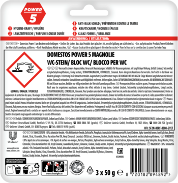 Tył opakowania Domestos Power 5 Magnolia, kostki do WC, białe z czerwonym logo, piktogramami ostrzegawczymi i tekstem.