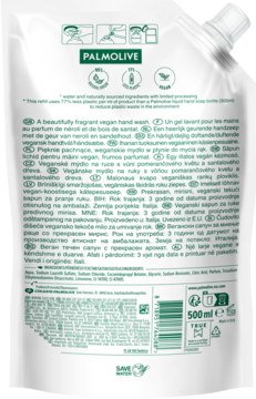 Tył białej torebki uzupełniającej Palmolive Sensorial Escape, mydło do rąk, z wielojęzycznym opisem i logo 500 ml.