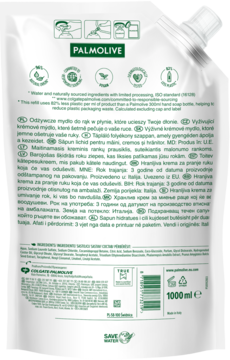 Tył białej torebki uzupełniającej odżywczego mydła Palmolive do rąk. Widoczne napisy i pojemność 1000ml.