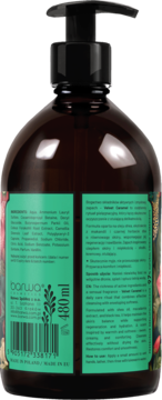 Tylna strona bursztynowej butelki mydła w płynie Barwa 480 ml, z czarną pompką. Widoczne zielone etykiety ze składem.