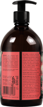 Tył butelki mydła w płynie Barwa Noir Amber 480ml, ciemny brąz z czerwoną etykietą i składem produktu.