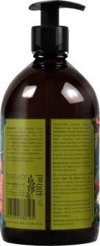 Tył brązowej butelki z pompką mydła Barwa Green Tea Garden, 480 ml, z etykietami i kodem kreskowym na jasnym tle.