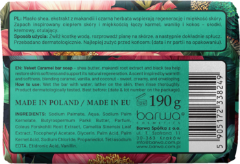 Tył mydła Barwa Velver Caramel 190g z masłem shea. Zielona etykieta ze składem i kodem kreskowym, na kwiecistym tle.