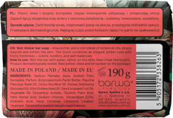 Tył opakowania mydła w kostce Barwa Noir Amber z masłem shea, czerwona etykieta z białym tekstem, lista składników.