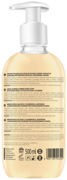 Tył butelki mydła w płynie Jaśmin i Bursztyn 500ml z pompką, widoczne etykiety w czterech językach.