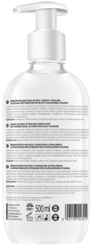 Tył białej butelki mydła do rąk Coconut & Praline z pompką, widoczne napisy i pojemność 500 ml.