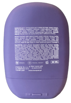 Tył fioletowej butelki nawilżająco-wygładzającego kremu do rąk z mango, widoczna etykieta ze składem.