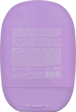 Tył fioletowego kremu do rąk Handy Lab Patchouli Mood 50ml. Widoczny skład z masłem mango, ceramidami, wegańska formuła.