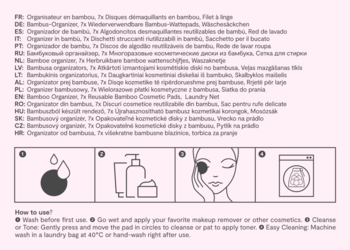 Instrukcja użycia GLOV® Bambooleo bambusowych padów kosmetycznych z ilustracjami mycia i demakijażu.