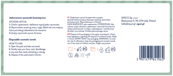 Tył opakowania jednorazowych ręczniczków kosmetycznych npuri: instrukcje, piktogramy, dane producenta i kod EAN.