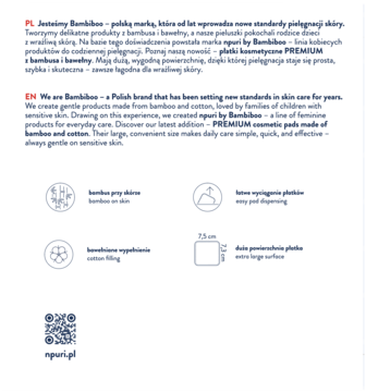 Broszura produktu Płatki kosmetyczne PREMIUM npuri by Bambiboo: opis cech, bambus, bawełna, kształt kwadratowy 7.5x7.3cm.