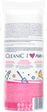 Tył opakowania Cleanic I ❤️ make-up MAXI SIZE płatki kosmetyczne, biało-różowe, z tekstem i ilustracjami makijażu.