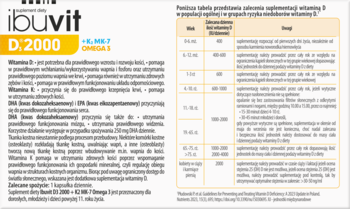 Biała etykieta suplementu ibuvit D: 2000 + K2 MK-7 Omega 3 dla dorosłych, z tabelą i opisem korzyści.