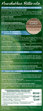 Tył zielonego opakowania rozjaśniacza do włosów do odżywionego blondu, z opisami działania i zawartością.