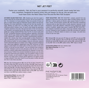 Tył opakowania zestawu GLOV Net Jet Feet, pilnik i tarka do stóp. Biało-różowe pudełko z opisami.