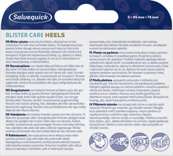 Salvequick Blister Care Heels, niebieskie opakowanie, plastry hydrożelowe na pęcherze pięt, widok z przodu.