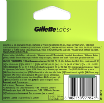 Tył zielonego opakowania Gillette LABS wkłady 4 szt, z wielojęzycznym opisem produktu i kodem kreskowym.