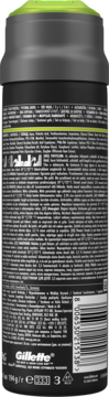 Tył żelu do golenia Gillette LABS 198 ml. Czarno-szara puszka z zielonym dozownikiem, widoczny tekst produktu i kod.