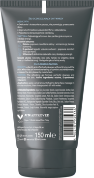 Tył ciemnoszarej tubki żelu oczyszczającego do twarzy 150 ml, z logo PETA i listą składników. Widoczny kod kreskowy.