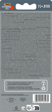 Tył opakowania maszynki BIC Hybrid 4 Flex, szary, z informacjami o recyklingu i kodem kreskowym.