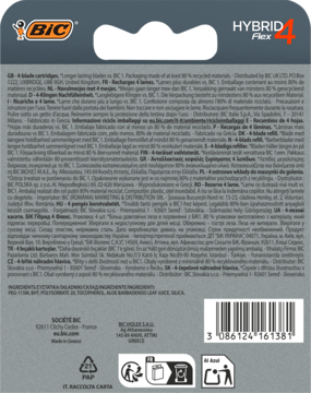 Tył opakowania wkładów BIC Hybrid Flex 4 z 4 ostrzami. Widoczne informacje o 80% materiałów z recyklingu.