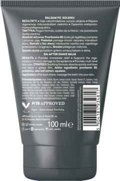 Tył ciemnoszarej tubki kojącego balsamu po goleniu dla skóry wrażliwej, z informacjami i kodem kreskowym.