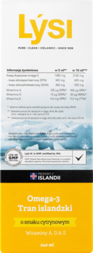 Opakowanie Lýsi Omega-3 Tran islandzki, cytrynowy, z witaminami A, D, E, 240 ml, biało-żółte, widok z przodu.