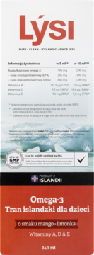 Czerwone opakowanie Lysi Omega-3 Tran islandzki dla dzieci, smak mango-limonka z witaminami A, D, E. Widok z przodu.