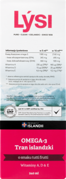 Lýsi Tran islandzki Omega-3 240ml o smaku tutti frutti, z witaminami A, D i E, w biało-różowym opakowaniu.