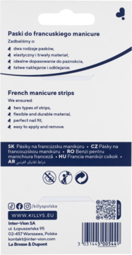 Tył opakowania pasków do francuskiego manicure Killys, z opisem produktu, informacjami i kodem kreskowym.