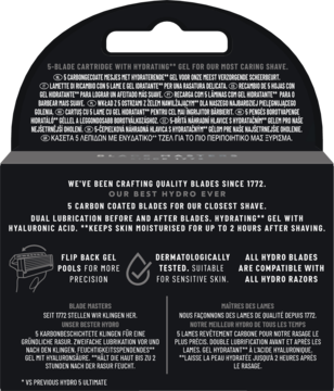 Tył czarnego opakowania Wilkinson Sword Hydro z opisem 5 ostrzy węglowych i żelu nawilżającego.