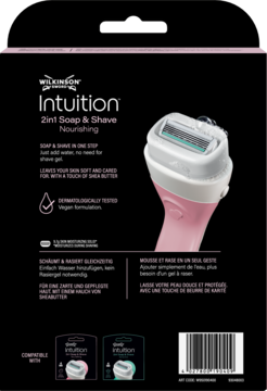 Tył czarnego opakowania Wilkinson Intuition 2w1 maszynki z różową rączką, opisem Nourishing i kodem.