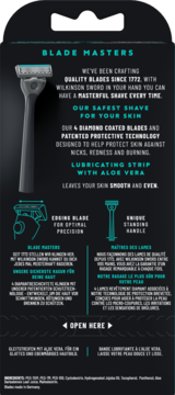 Tył czarnego opakowania maszynki Wilkinson Sword Quattro, opisujące 4 ostrza diamentowe i aloesową formułę.