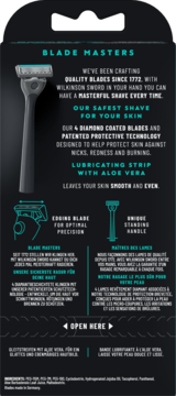 Tył opakowania Wilkinson Sword Quattro z 4 ostrzami, ciemne tło, opis technologii ostrzy i paska nawilżającego z aloesem.