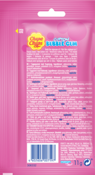 Różowy tył Chupa Chups Cotton Bubble Gum 11g w formie waty cukrowej, z listą składników i kodem kreskowym.