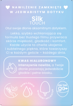 Plansza Silk Touch: krem do rąk z kwasem hialuronowym. Błękitno-różowe tło, biały tekst o jedwabistym nawilżeniu.