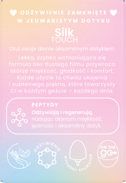 Różowo-fioletowa karta produktu Silk TOUCH, opisująca krem do rąk z peptydami dla miękkości i gładkości.