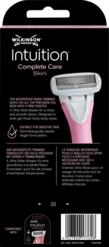 Opakowanie Wilkinson Sword Intuition Complete Care Bikini, różowa maszynka 2w1 z trymerem, na czarnym tle.