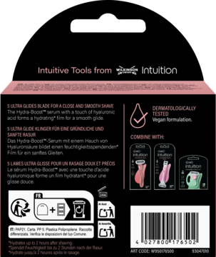 Tył czarnego opakowania Wilkinson Sword Intuition Complete Care: 5 ostrzy Ultra Glide, Hydra-Boost, wegańskie, testowane.