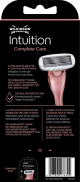 Tył opakowania maszynki Wilkinson Sword Intuition Complete Care z 5 ostrzami i serum Hydra-Boost, widok kompatybilnego wkładu.