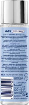 Tył butelki NIVEA MEN Hydro Care 100 ml, esencja nawilżająca z kwasem hialuronowym, niebieska etykieta.
